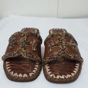 SAM EDELEMAN FITZ SLIDE Beaded Trim Cognac Brown Slide Sandals